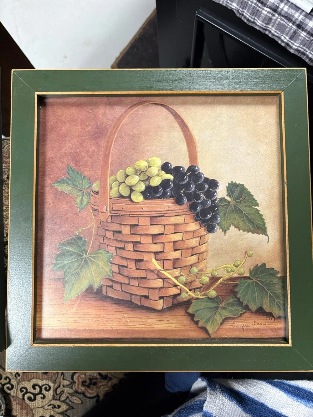 Framed Green-Bordered Basket of Grapes Wall Art signed